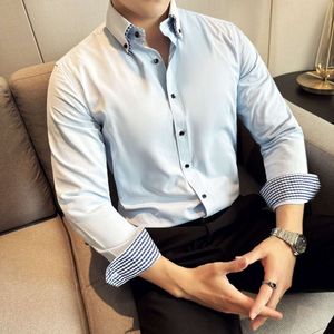Dubbellaags overhemd met kleurblokkerende kraag voor heren met een high-end gevoel, geruit contrasterende zwarte knoop Business Casual slim fit overhemd met lange mouwen voor heren