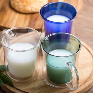 Copo de vidro colorido criativo de camada dupla, copo de café doméstico, copo de suco, copo de leite e copo com alça fina