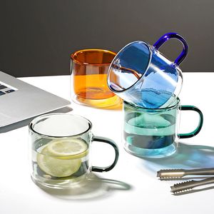 Tasse en verre à double couche, tasse à café colorée avec poignée, tasse à eau pour faire du thé domestique