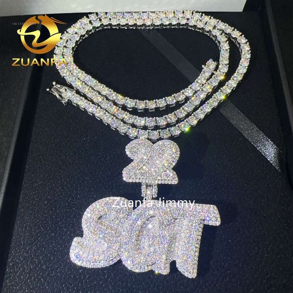 Hip Hop de doble capa brillante 3D Iced Out VVS Moissanite Diamond Number Bail Letra Colgante para Nombre con juego de cadena de tenis