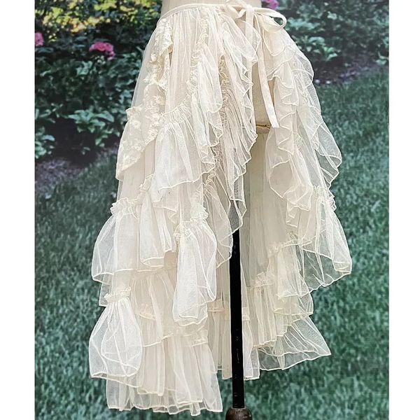 Rideau de taille Lolita double couche, jupe haute et basse transparente avec.Volants Asymétriques 240318