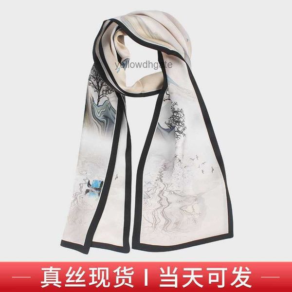 Écharpe longue en soie satin crêpe unie double couche avec peinture de paysage écharpe de style chinois mode féminine écharpe double face polyvalente