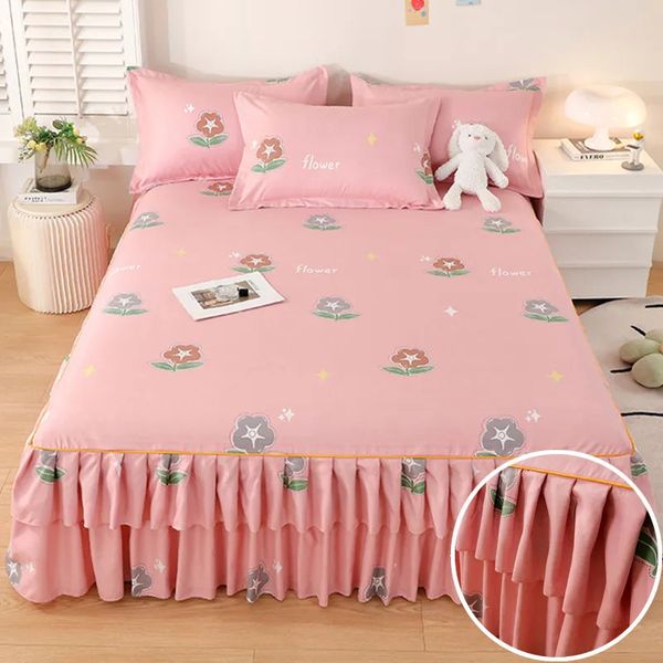 Cubierta de cama de doble capas cubierta de almohada estampada de tamaño de tamaño de un solo tamaño para la sábana de los volantes del hogar roupa de cama 240415