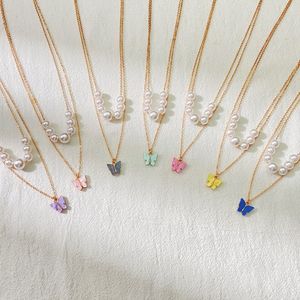 Dubbele lagen acryl vlinder hanger witte kleur imitatie parelketting voor vrouwen schattige meisjes dochter verjaardagscadeaus