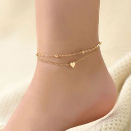 Bracelet de cheville à breloques en forme de cœur Double couche pour femmes, couleur argent doré 14K, jambe, pied, cheville, bijoux de plage d'été