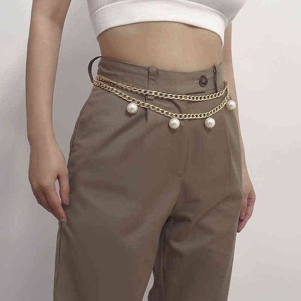 Double couches perle or métal ceinture pour femmes multicouche longue chaîne ceinture nouvelle robe élégante jean taille ceintures mariage G220301