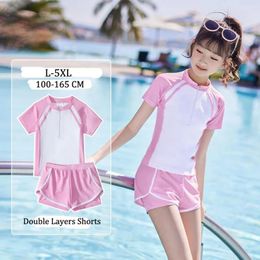Dubbele lagen shorts meisjes zwemkleding twee-stuks pakken pakken zomerstrand kleren L-5XL kinderen korte-mouw zwempak voor meisje roze zwart 240422