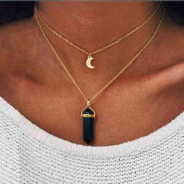 Double Long Chain Hanging Golden Moon Neckalce Vrouwen Suspension Hexagonal Columnar Bullet Natuursteen Hangers Sieraden