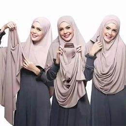 Double boucle Jersey Hijabs Instant Hijab Écharpe Femmes Musulman Foulard Coton Châles Islamique Bandana Turbans pour Femmes Turban 240314