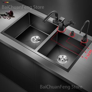 Double lavabo de luxe lavabo lavabo 304 en acier inoxydable Cuisine Cuisine Noir Nano Wash Bassin sous la plate-forme Accessoires de cuisine