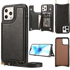 Étuis portefeuille à double fermoir magnétique avec porte-cartes en cuir PU avec béquille à longue sangle pour iPhone 13 12 Mini 11 Pro Max XR XS 8 7 6 Plus SE2 SE3