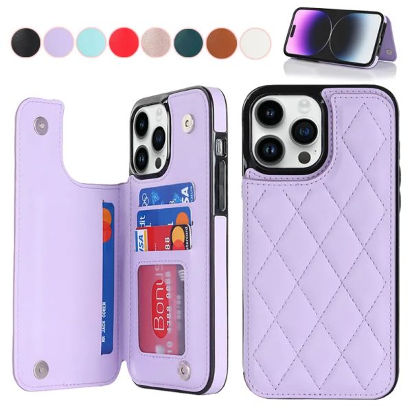 Funda de teléfono de cuero con cierre magnético doble para iPhone 15 14 Pro Max 13 12 Mini 11 SE X XS XR 8 Plus 7 Ranuras para tarjetas Soporte Soporte Contraportada Proetctive Shell