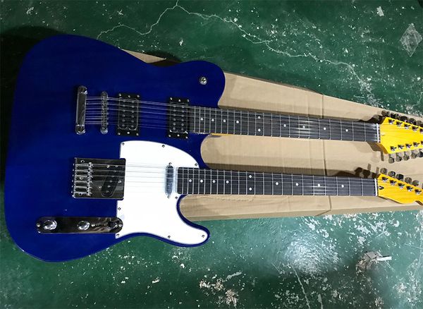 Guitare électrique à double cou bleu 6 + 12 cordes avec pickguard blanc, quincaillerie chromée, touche en palissandre, peut être personnalisée