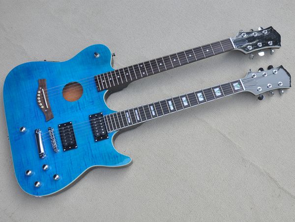 La guitarra eléctrica de 6 cuerdas de cuerpo azul de cuello doble con chapa de arce flameado se puede personalizar