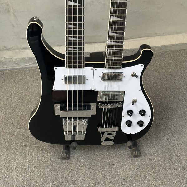 Guitarra eléctrica de doble mástil 12+4s Cuerpo sólido negro Cuerpo sólido cromado H, tamaño 4/4, nivel profesional, diapasón de palisandro