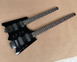 Guitare basse 4 cordes sans tête à double cou + guitare électrique 6 cordes avec corps noir, touche en palissandre, peut être personnalisée