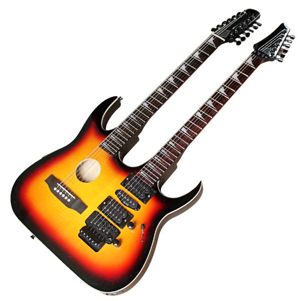 Guitarra eléctrica de cuerpo semihueco de doble cuello con mástil festoneado, 6 + 12 cuerdas, diapasón de palisandro, se puede personalizar