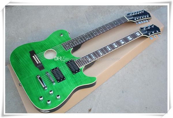 Guitare électrique/acoustique à 6 + 12 cordes à corps semi-creux vert avec matériel chromé, touche en palissandre, peut être personnalisée