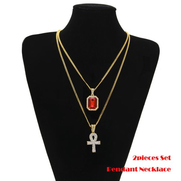 Double pendentifs noir/rouge/bleu Mini pierres précieuses gros strass clé chaîne cubaine deux collier hommes femmes HipHop bijoux colliers ensembles
