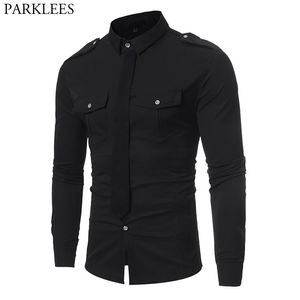 Camisa negra de estilo militar de doble bolsillo para hombre, camisa Social informal de contraste de Color falso, camisa de manga larga ajustada para hombre 210522