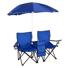 Double portable chaise de pique-nique pliante parapluie table refroidisseur chaise de camping bleu