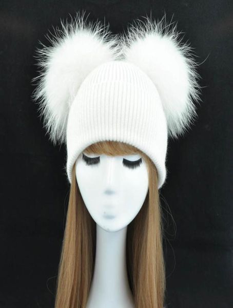 Double vraie fourrure Pom Pom chapeau femmes casquettes d'hiver tricoté laine chapeaux Skullies bonnets filles femme naturel deux fourrure PomPom Beanie chapeau D19794976