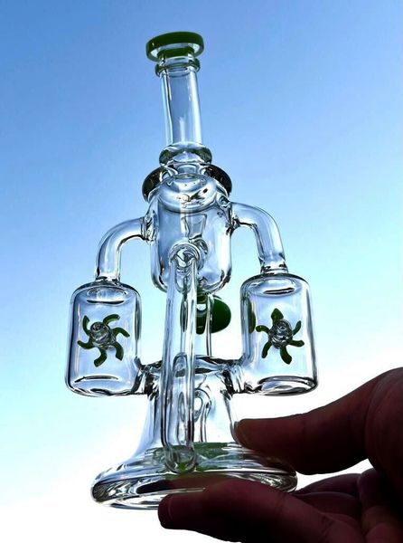 Double recycleur Dab Rigs eau Bongs narguilés Shisha hélice unique moulin à vent en verre Perc conduites d'eau avec 14mm 9.5 ''