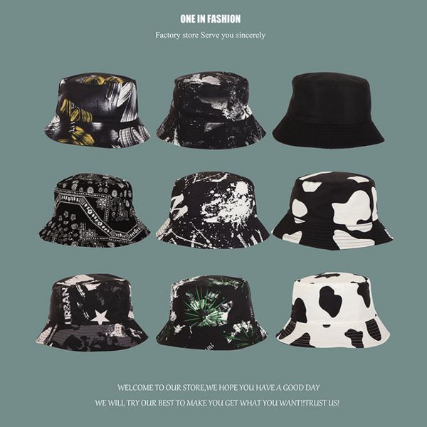 Chapeau de bassin double face Ombre Graffiti Casquette de pêcheur Unisexe Flat Top Visor Caps Tie-dye Ink Print Bucket Hats Outdoor Hat Hip Hop