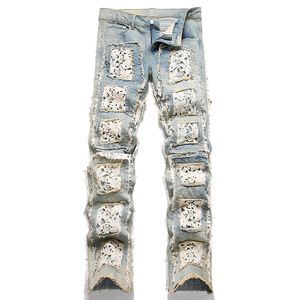 Dubbelzijdige geborduurde sticker Blauwe uitlopende jeans voor mannen Mode Fringe Patches Patchwork Broek Slim-Fit Rechte Wijde Pijpen Broek