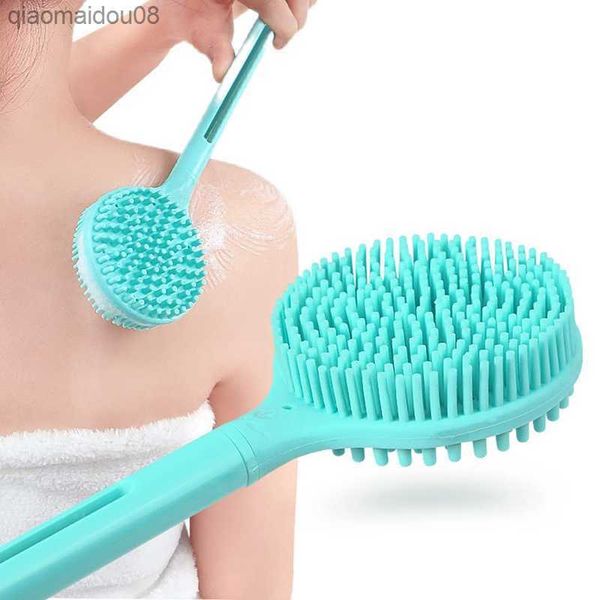 Double face longue poignée bain brosse de lavage silicone bain massage dos corps exfoliant salle de bain douche accessoires L230704