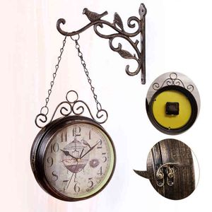 Dubbelzijdig Ronde Wall Mount Opknoping Station Silent Clock Chic Vintage Retro Decoraties H1230