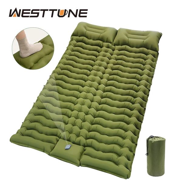 Matelas de couchage double pour camping, matelas auto-gonflant avec oreiller pour randonnée en plein air, lit de voyage pour 2 personnes, tapis pneumatique 240227