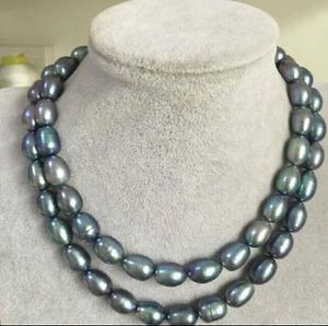 Collier de perles de tahiti naturelles noires et bleues, double brin, 11-13mm, 35 pouces