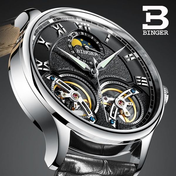 Relojes dobles suizos Binger reloj automático original para hombre reloj de pulsera mecánico de moda para hombre de cuero Y1905150256i