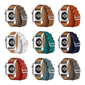 Dubbele tour Smart banden voor Apple Watch Ultra 49mm band 41 mm 45 mm 44 mm 40 mm 42 mm 38 mm luxe dames textureerde echte lederen horlogeband armband Iwatch 8 7 3 4 5 SE 6