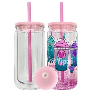 Double mur en plastique acrylique bière soda peut BPA gratuit 12 oz intérieur 16 oz globe de neige à café glacé extérieur avec trou pré-percé et bouchon en silicone pour les wraps DTF UV