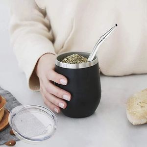 Ensemble de thé Yerba Gourd Mate en acier inoxydable à double paroi, tasses à café, tasse à thé avec couvercle, cuillère, paille, tête de Bombilla, brosse filtrante 240124