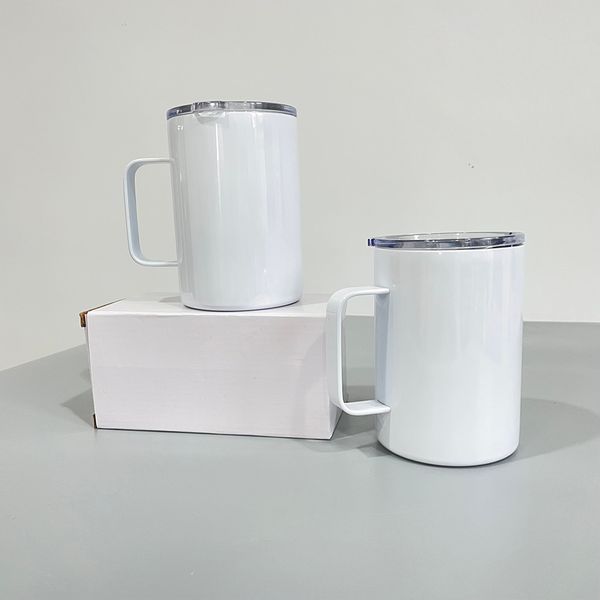 Tasses de camp vierges à double paroi en acier inoxydable, isolées sous vide, 12oz, avec poignée et couvercles coulissants pour sublimation blanche, vendues à la caisse, livraison gratuite