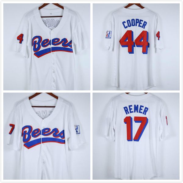 Doug Remer 17 Joe Coop Cooper 44 BASEketball Jersey BEERS Movie Button Down White All Stitched Stitch Cosido Jerseys de alta calidad