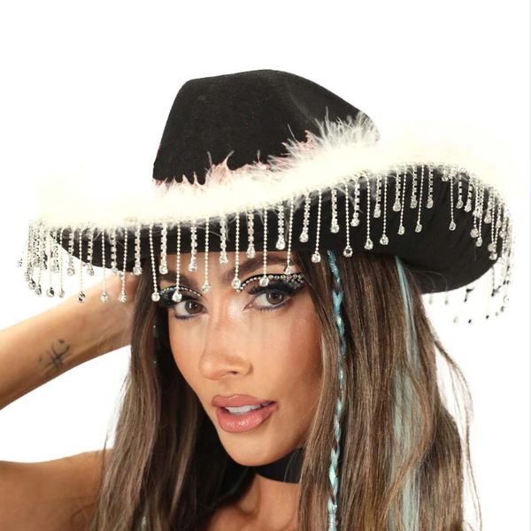 Doury strass gland Cowboy chapeau y2k fête e-filles décontracté plume étoile impression casquettes Vintage Royal Court Style élégant chapeaux 240306