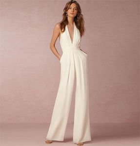 Dower Me Sexy Halter Hals Witte Jumpsuits Zakken Ruglooze Lange Elegante Rompertjes Bruiloft Dames039s Zwart Herfst Speelpakjes 5026660