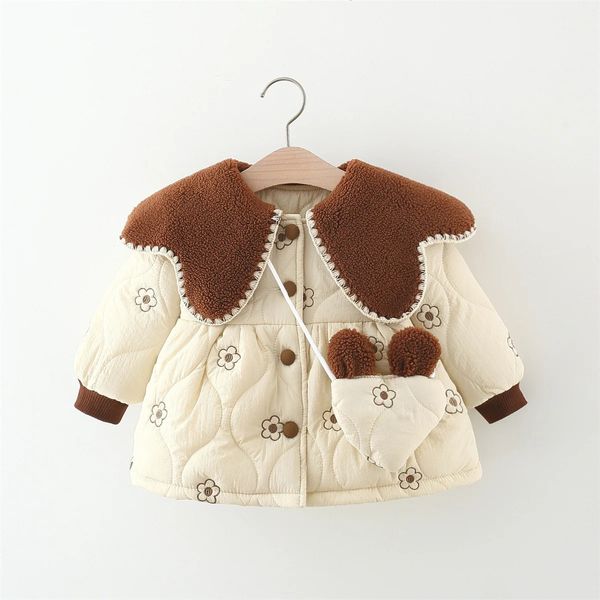 Manteau en duvet 2 pièces manteau épaissi pour bébé fille + sac de dessin animé hiver enfants corps complet fleur broderie doux pétale col coton veste 231020