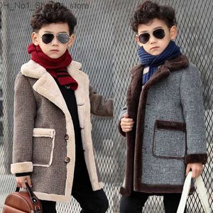 Donsjas 2023 Kinderen Casual Wollen Jas Herfst Winter Jongens Knappe Pluche Fluwelen Zware Bovenkleding Kleding Kinderen Splicing Pocket Trenchcoat Q231205