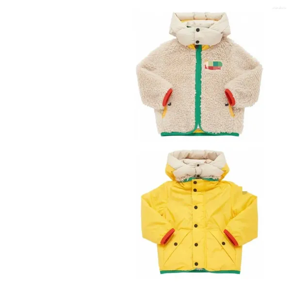 Manteau en duvet 2023 en laine d'agneau pour enfants, veste coupe-vent et imperméable Double face avec blocs de couleurs
