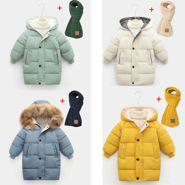 Manteau en duvet 2023 enfants longues vestes en coton hiver épais manteaux chauds envoyé écharpe grands enfants vêtements filles garçons Parka vêtements d'extérieur 212Y 231128