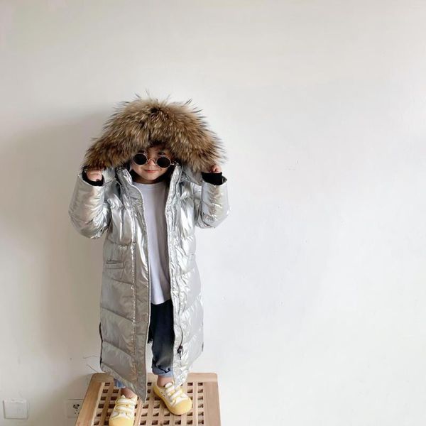 Abrigo de plumas para niños y niñas, Parka de invierno coreano de 30 grados, Chaqueta larga con cuello de piel brillante, Chaqueta larga gruesa y holgada con cremallera, traje de nieve para niños 2023