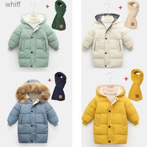 Donsjas 2023 Nieuwe Kinderen Lange Katoenen Jassen Winter Dikke Warme Jassen Verzonden Sjaal Grote Kinderkleding Meisjes Jongens Warme Parka Bovenkleding 2-12YL231125