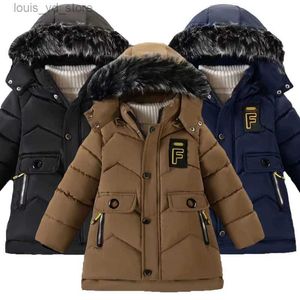 Manteau en duvet 2023 Nouveau style hiver garder au chaud garçons veste lettre F doublure de mode avec col de fourrure en peluche manteau lourd à capuche pour enfants T231204