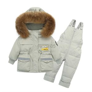 Donsjas 2023 Winter Baby Jongen Snowsuit Capuchon Echt Bont Baby Meisje Donsjack Baby Overalls Peuter Jumpsuit Jongen 2 Stuks Kleding Set Outfit HKD230727