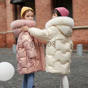 Down Coat 2023 Winterkinderen Girls Long Parka bont kraag glanzend los omlaag jas Dikke waterdichte hoodie warme tiener Girls Snowsuit J230823